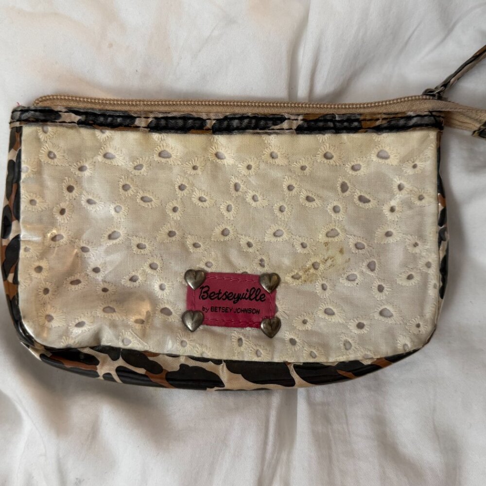 Betsey Johnson Cream Brown Eyelet Lace Pattern Cosmetic Bag